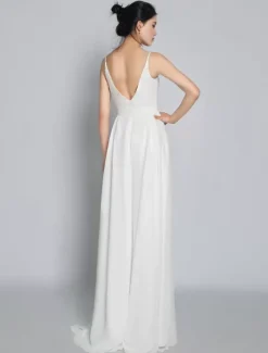 Bridal Jumpsuit Chiffon Floor-Length Jumpsuit Jewel Neck Sleeveless Spaghetti Straps Ivory