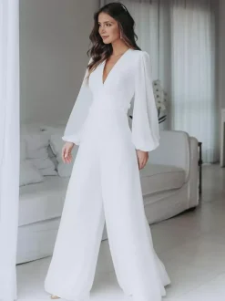 Bridal Jumpsuit Chiffon Floor-Length Jumpsuit V-Neck Long Sleeves Natural Waist Ivory