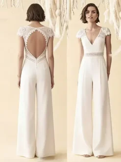 Bridal Jumpsuit Lace Cut Out Floor-Length Jumpsuit V-Neck Short Sleeves Natural Waist Ivory