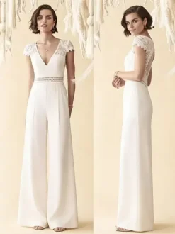 Bridal Jumpsuit Lace Cut Out Floor-Length Jumpsuit V-Neck Short Sleeves Natural Waist Ivory