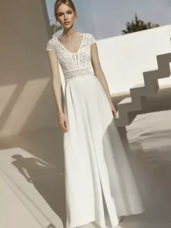 Bridal Jumpsuit Lace Floor-Length Jumpsuit V-Neck Short Sleeves Natural Waist Ivory