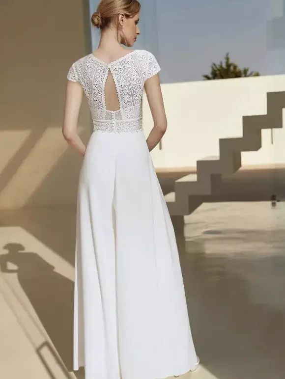 Bridal Jumpsuit Lace Floor-Length Jumpsuit V-Neck Short Sleeves Natural Waist Ivory