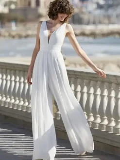 Bridal Jumpsuit Polyester Floor-Length Jumpsuit V-Neck Sleeveless Natural Waist Ivory