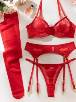 Bridal Lace Lingerie Sexy Red 4-Piece Adult's Bra & Panty Sets
