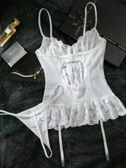 Bridal Lace Lingerie White Bow 2-Piece Bustier Corset Panty Sets