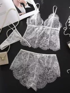 Bridal Lace Lingerie White 3-Piece Bra Panty Sets