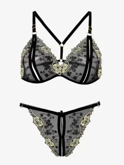 Bridal Lingerie Crotchless Lingerie Bra Crotchless Panty Sets Black Embroidered Color Block 2-Piece Sexy Lingerie