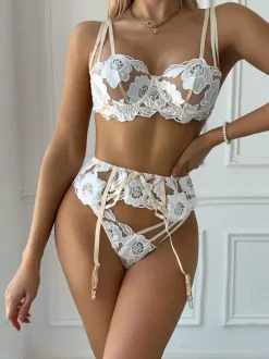 Bridal Lingerie Floral Print Sheer White Bra Panty 3-Piece Sets