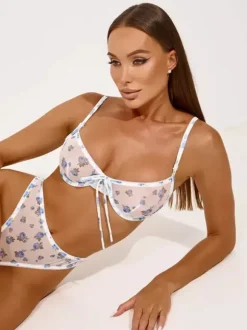 Bridal Lingerie Floral Print Cupless Bows White Bra Panty 2-Piece Sets
