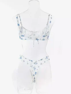 Bridal Lingerie Floral Print Cupless Bows White Bra Panty 2-Piece Sets