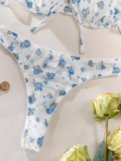 Bridal Lingerie Floral Print Cupless Bows White Bra Panty 2-Piece Sets