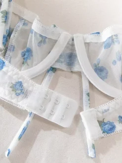 Bridal Lingerie Floral Print Cupless Bows White Bra Panty 2-Piece Sets