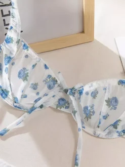Bridal Lingerie Floral Print Cupless Bows White Bra Panty 2-Piece Sets