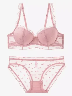 Bridal Lingerie Heart Mesh Eyelash Lace Underwire Bra Panty Lingerie Set