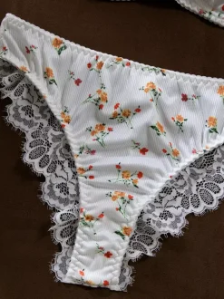 Bridal Lingerie Lace Floral Print White 2-Piece Bra Panty Sets