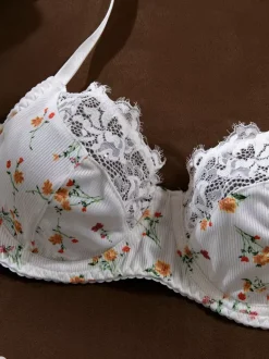 Bridal Lingerie Lace Floral Print White 2-Piece Bra Panty Sets