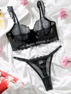 Bridal Lingerie Nets Artwork Ruffled Black 2-Piece Bra Panty Sets