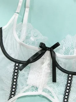 Bridal Lingerie Pajama Sets White Bows Indoor Sheer 5-Piece Lingerie Sets