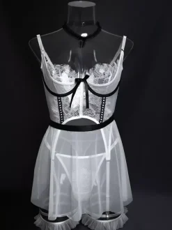 Bridal Lingerie Pajama Sets White Bows Indoor Sheer 5-Piece Lingerie Sets