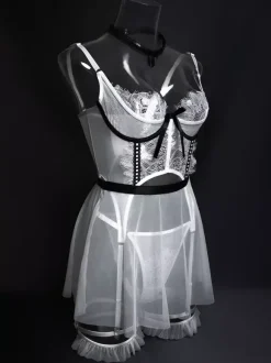 Bridal Lingerie Pajama Sets White Bows Indoor Sheer 5-Piece Lingerie Sets