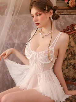 Bridal Lingerie Pajama Sets White Lace Indoor Plaid Sheer Polyester Lingerie