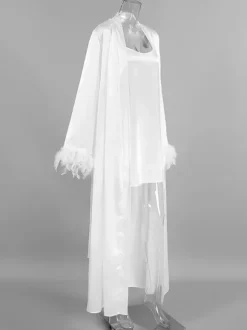 Bridal Lingerie Pajamas Sleepwear Robes White Feathers Indoor Negligees Nightgown