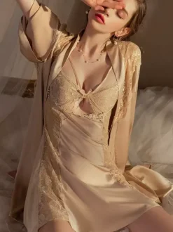 Bridal Lingerie Pajamas & Sleepwear Champagne Lace 1 Piece Long Sleeves Silk-like Lingerie