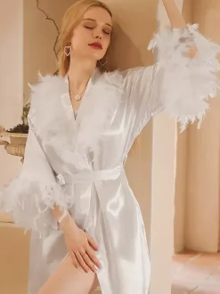 Bridal Lingerie Pajamas Sleepwear Robes White Lace Up Indoor Lingerie Negligees Nightgown