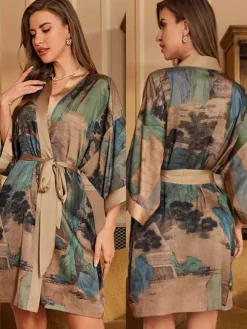 Bridal Lingerie Pajamas Sleepwear Robes Dark Navy Lace Up Printed Negligees Nightgown