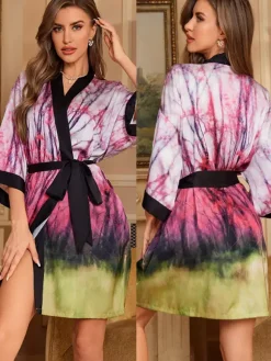 Bridal Lingerie Pajamas Sleepwear Robes Dark Navy Lace Up Printed Negligees Nightgown