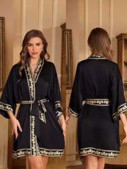 Bridal Lingerie Pajamas Sleepwear Robes Dark Navy Lace Up Printed Negligees Nightgown