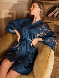Bridal Lingerie Pajamas Sleepwear Robes Dark Navy Lace Up Printed Negligees Nightgown