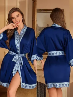 Bridal Lingerie Pajamas Sleepwear Robes Dark Navy Lace Up Printed Negligees Nightgown