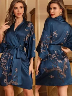 Bridal Lingerie Pajamas Sleepwear Robes Dark Navy Lace Up Printed Negligees Nightgown