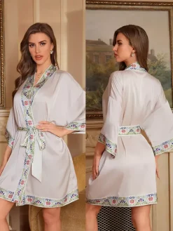 Bridal Lingerie Pajamas Sleepwear Robes Dark Navy Lace Up Printed Negligees Nightgown