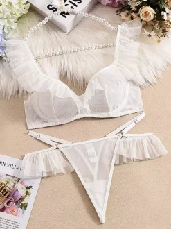 Bridal Lingerie 2-Piece Ruffled Lace White Bra Panty Sets