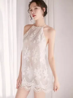 Bridal Lingerie Sexy Lace Chemise White Backless Semi Sheer Mini Dress Halter Nightgown with Scalloped Hem