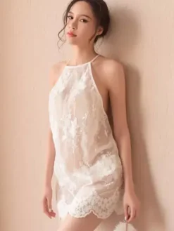 Bridal Lingerie Sexy Lace Chemise White Backless Semi Sheer Mini Dress Halter Nightgown with Scalloped Hem
