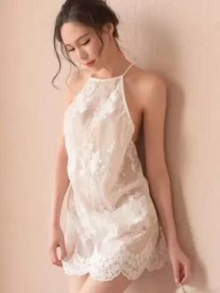 Bridal Lingerie Sexy Lace Chemise White Backless Semi Sheer Mini Dress Halter Nightgown with Scalloped Hem