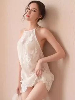Bridal Lingerie Sexy Lace Chemise White Backless Semi Sheer Mini Dress Halter Nightgown with Scalloped Hem