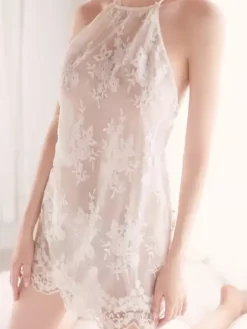 Bridal Lingerie Sexy Lace Chemise White Backless Semi Sheer Mini Dress Halter Nightgown with Scalloped Hem