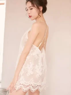 Bridal Lingerie Sexy Lace Chemise White Backless Semi Sheer Mini Dress Halter Nightgown with Scalloped Hem