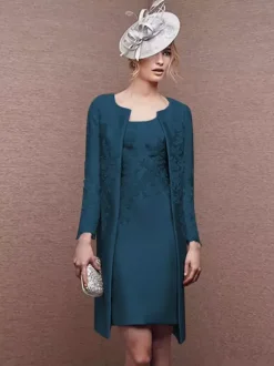 Bridal Mother Dress Jewel Neck Long Sleeves A-Line Lace Short Wedding Guest Dresses