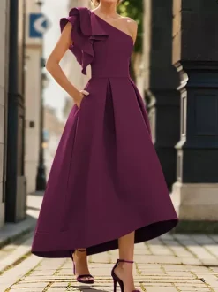 Bridal Mother Dress One-Shoulder Sleeveless Pleated Ankle-Length A-Line Wedding Guest Dresses