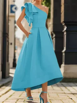 Bridal Mother Dress One-Shoulder Sleeveless Pleated Ankle-Length A-Line Wedding Guest Dresses