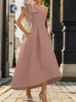Bridal Mother Dress One-Shoulder Sleeveless Pleated Ankle-Length A-Line Wedding Guest Dresses