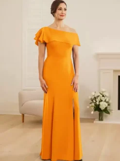 Bridal Mother Dress One-Shoulder Short Sleeves Mermaid Ruffles Wedding Guest Dresses