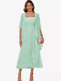 Bridal Mother Dress Square Neck Half Sleeves Two-piece Pleated Guest Dresses For Wedding