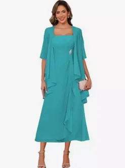 Bridal Mother Dress Square Neck Half Sleeves Two-piece Pleated Guest Dresses For Wedding