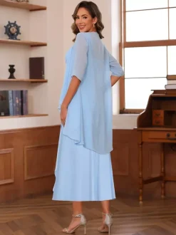 Bridal Mother Dress Square Neck Half Sleeves Two-piece Pleated Guest Dresses For Wedding